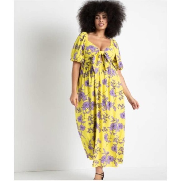 Eloquii Dresses & Skirts - Eloquii Yellow Purple Tie Front Skirted Maxi Dress Flirty Sexy Romantic, 16